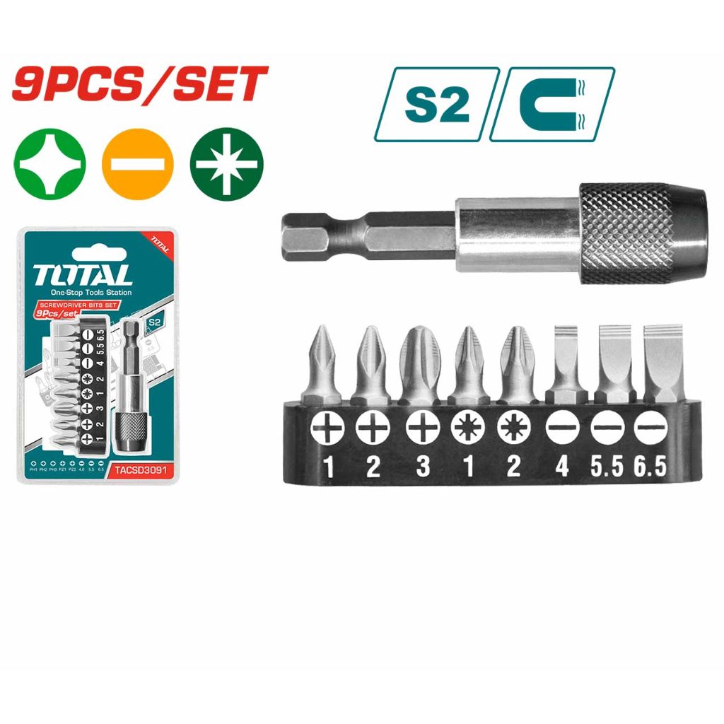 TOTAL SCREWDRIVER BITS SET SIZE PH1 PH2 PH3 SL4.0 SL5.5 SL6.5 PZ1 & PZ2 + MAGNETIC BIT HOLDER TACSD3091