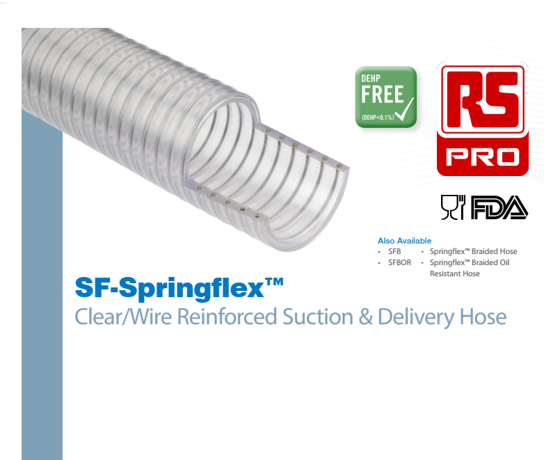RS PRO Hose Pipe SF-Springflex™ Clear/Wire Reinforced Suction & Delivery Hose