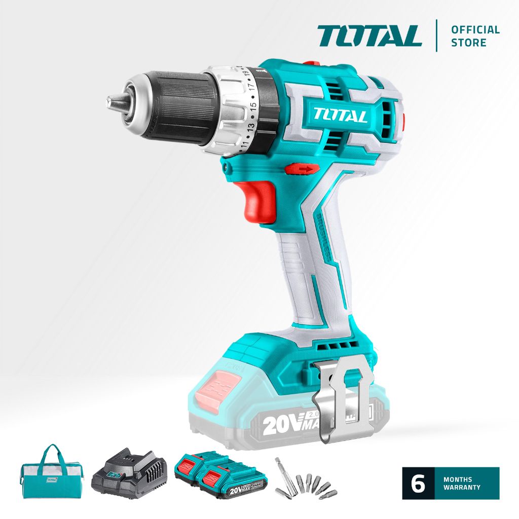 TOTAL TIDLI20608 LI-ION BRUSHLESS IMPACT DRILL (BRUSHLESS MOTOR. PACKAGE COMES WITH 2 PCS 20V 2.0AH BATTERIES 1 PC FAST INTELLIGENT CHARGER 4 PCS HSS DRILL BITS 1 PC MAGNETIC HOLDER 6 PCS CR-V SCREWDRIVER BITS 36 PCS SCREWS 1 PC BELT CLIP)