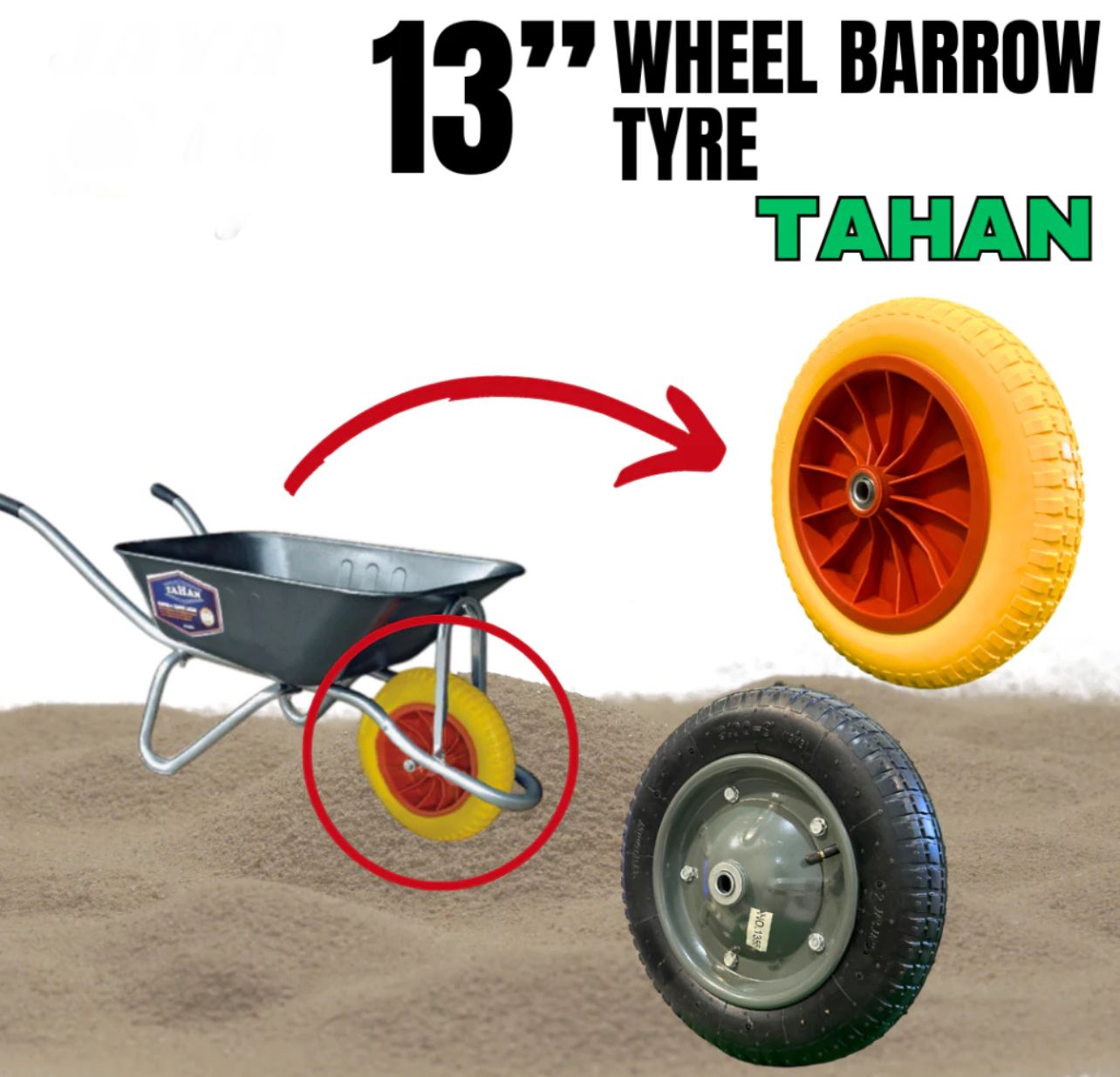 Tyre Wheelbarrow Wheel Barrow Pneumatic Tyre & Nylon PU (Size: 13")/Kereta Sorang Tayar Angin & Tayar Mati/
