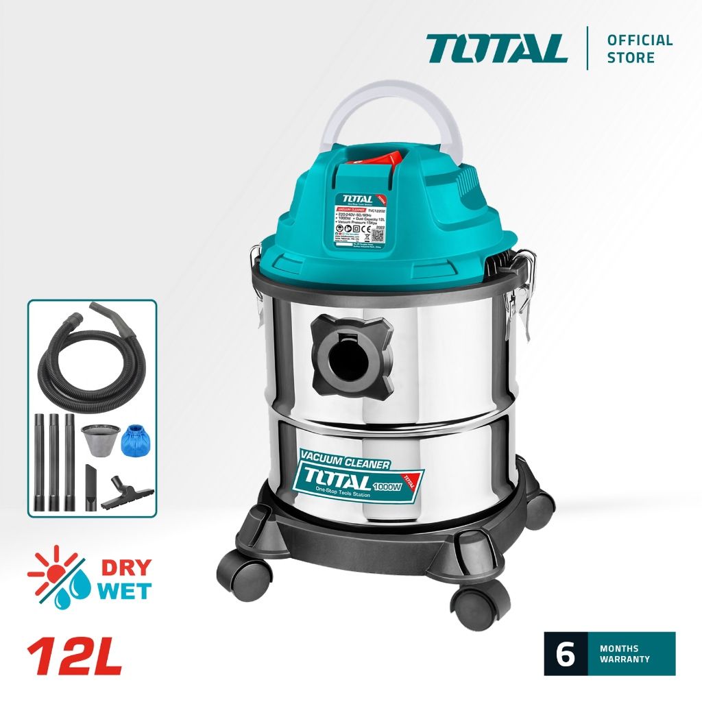 TOTAL Vacuum Cleaner With Foam Filter (12L/1000W) + Brush + Crevice + Dust Bag + Tubes (3 Pcs) + Hose (1.5m) TVC12202