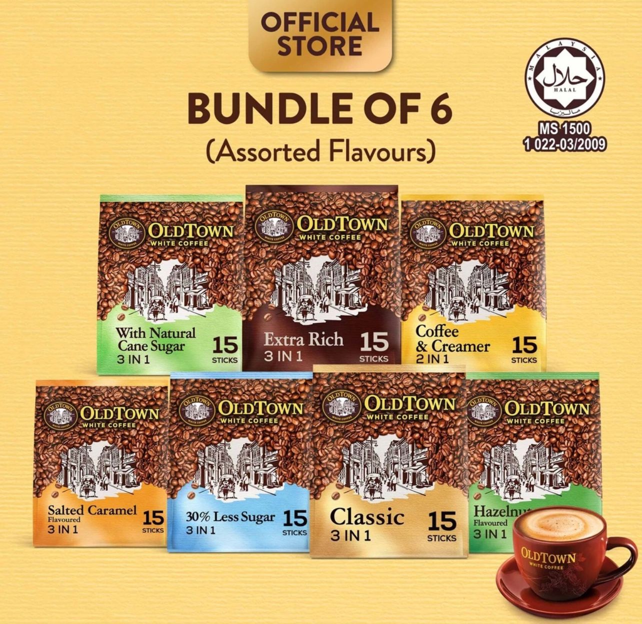OLDTOWN Instant Premix White Coffee, 15 Sticks [HALAL] 6pack