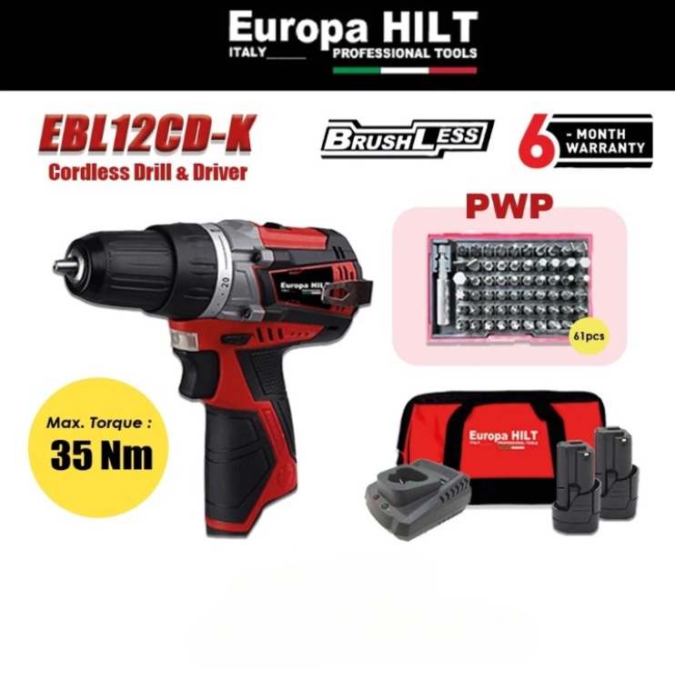 EUROPA HILT EBL12CD-K 12V BRUSHLESS MOTOR CORDLESS DRILL DRIVER