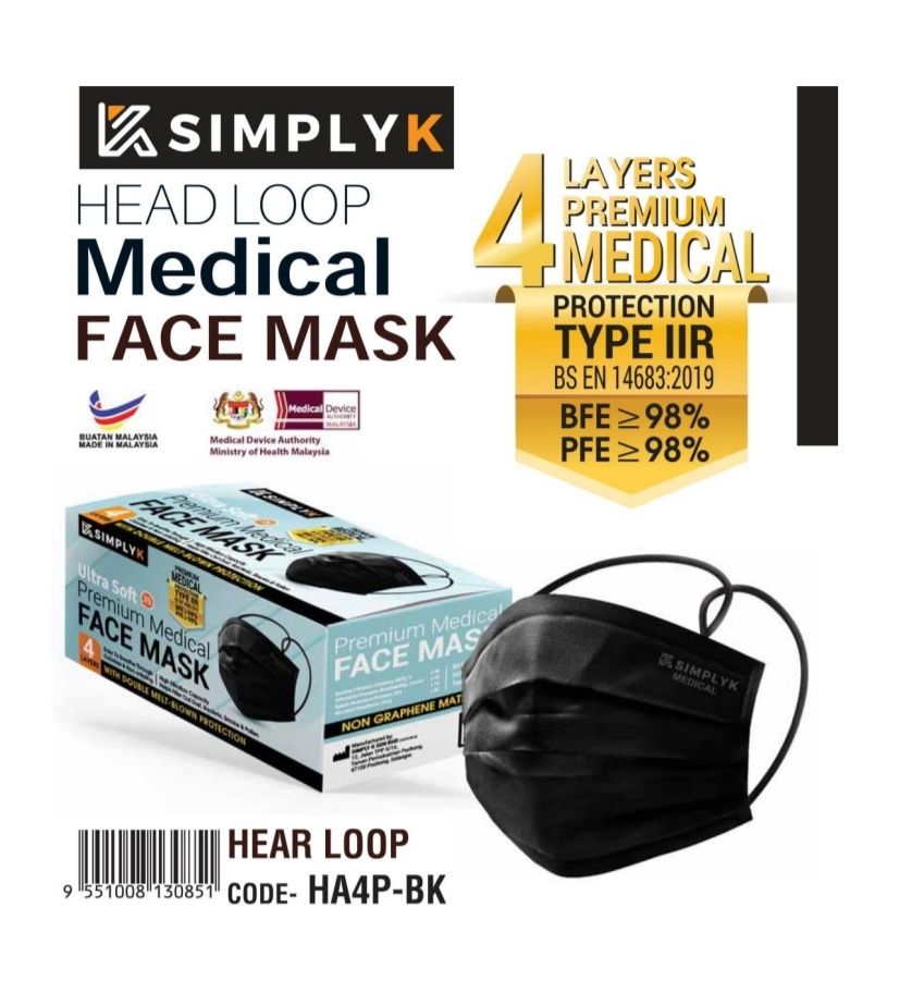 SimplyK FACE MASK 4PLY PREMIUM SIMPLYK (HEADLOOP & EARLOOP) BLACK