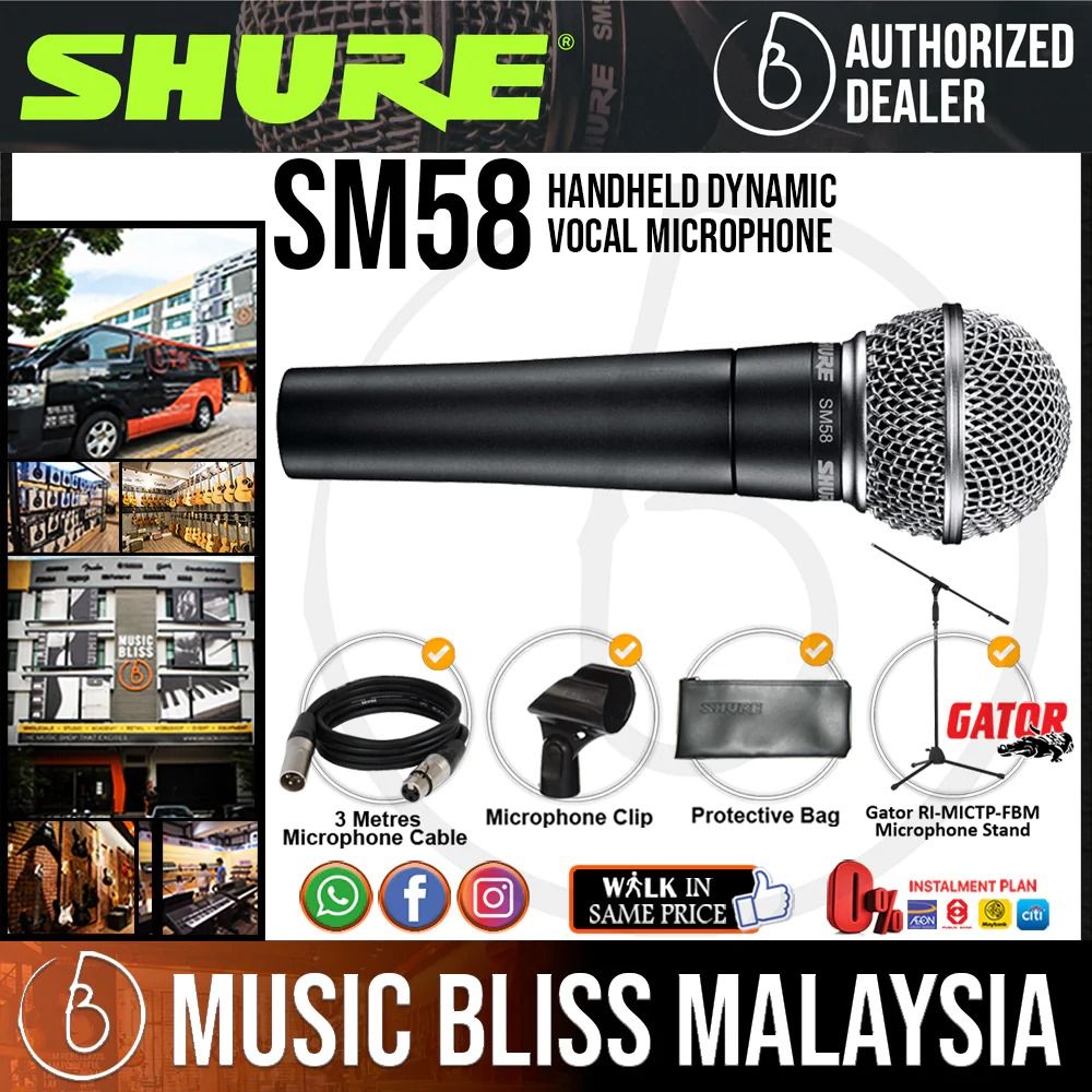 Shure *#Shure SM58 Handheld Dynamic Vocal Microphone with Gator RI-MICTP-FBM Microphone Stand Basic Bundle