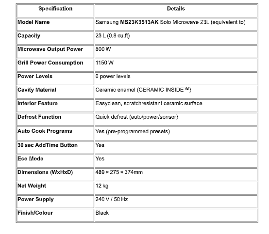 Model Name	Samsung MS23K3513AK Solo Microwave 23L (equivalent to)
