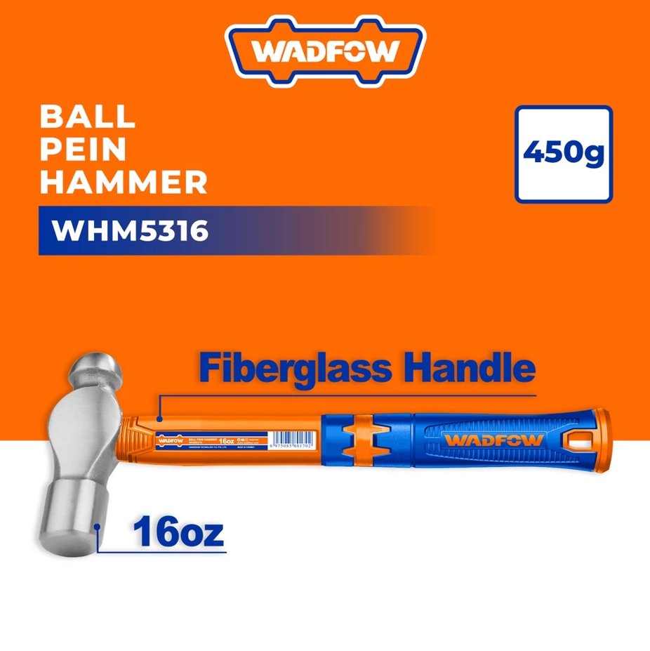 WADFOW BALL PEIN HAMMER FIBERGLASS HANDLE DROP FORGED CARBON STEEL HEAD (450G) (WHM5316)