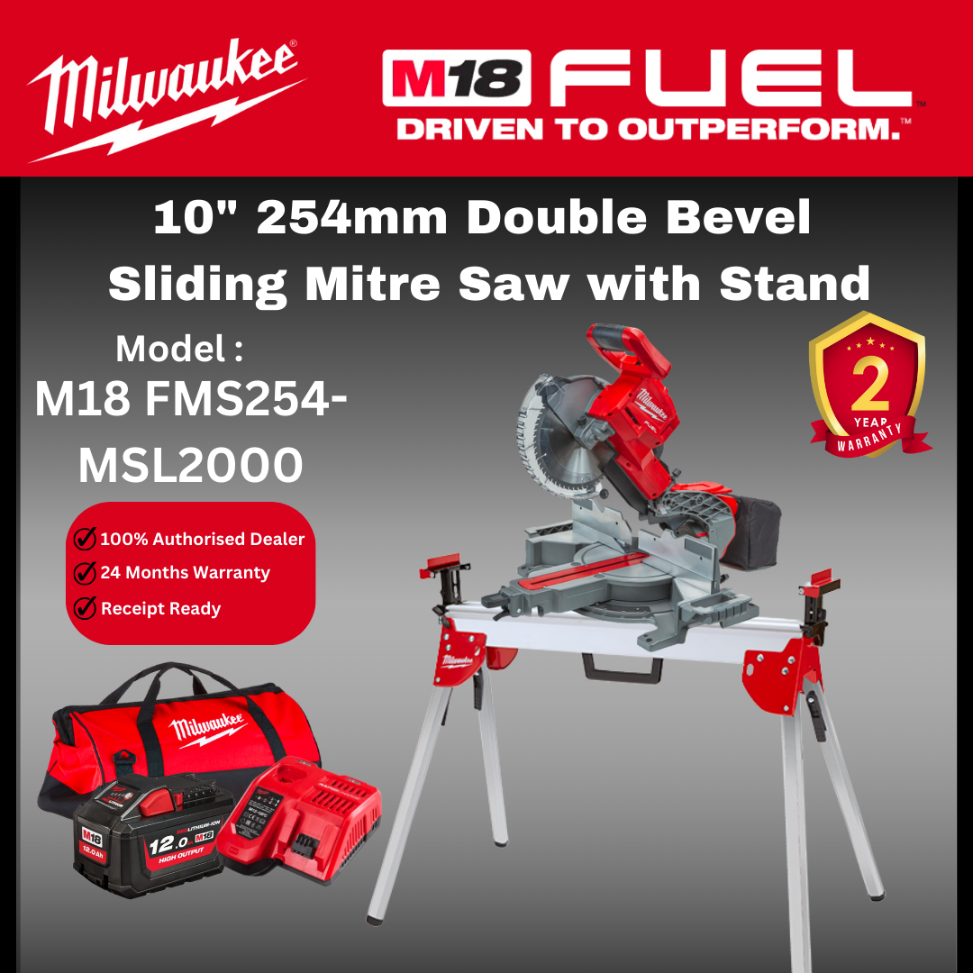 Milwaukee M18 254mm Double Bevel Sliding Mitre Saw With Stand / M18 FMS254 / Milwaukee Mitre Saw / Wood Cutting Machine / Miter Saw