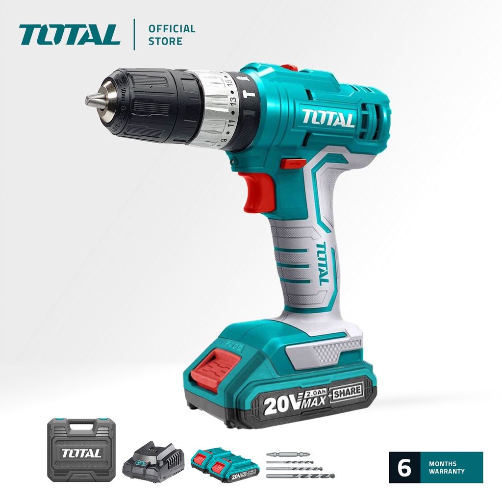 TOTAL TIDLI20012 LI-ION IMPACT DRILL (PACKAGE COMES WITH 2 PCS 20V 2.0AH BATTERIES 1 PC CHARGER 3 PC MASONRY DRILL BITS 1 PC CR-V SCREWDRIVER BIT ALL ITEMS PACKED IN A CARRYING CASE.)