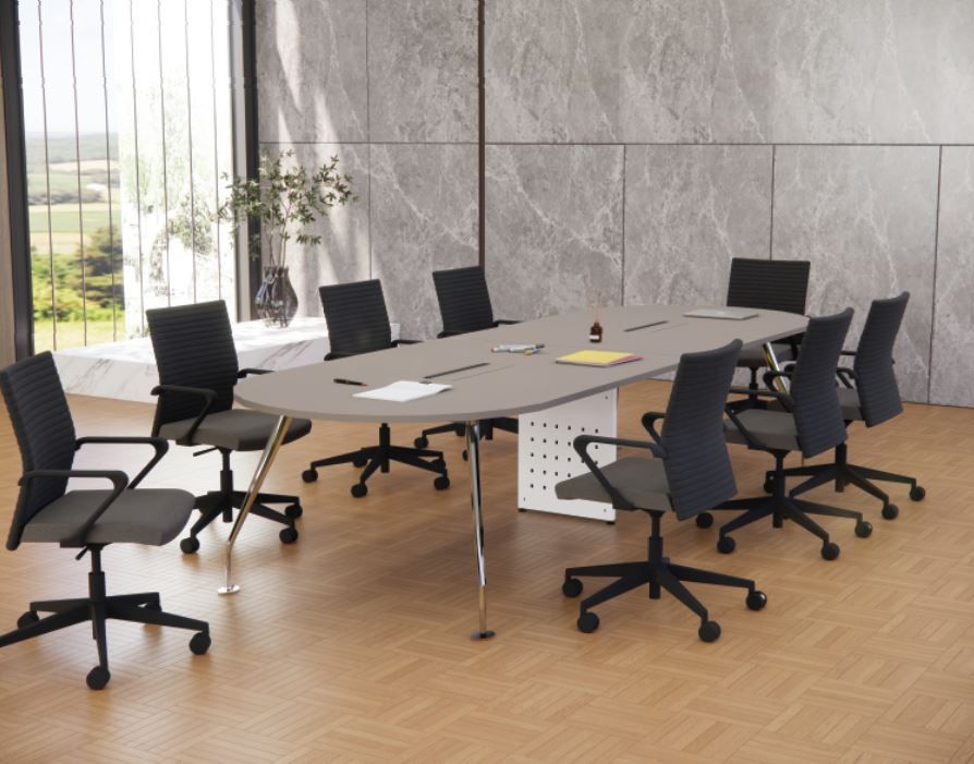 OFIS IXIA SERIES BOAT CURVE BOARDROOM TABLE (OF-IXC-BC-2412) + METAL POWER SOCKET BOX 4 GANG + PIXIE SERIES HIGH BACK NETTING CHAIR (PIXIE-H)