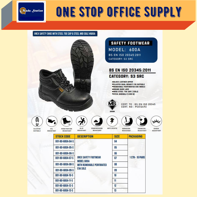 OREX 600A BLACK MIDCUT LACE-UP SAFETY SHOE WITH STEEL TOE CAP & STEEL MID SOLE