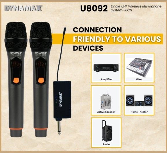 DYNAMAX U8092 Dual UHF Wireless Handheld Microphone or Bodypack Headset Microphone Rechargeable Receiver (Mikrofon x2)