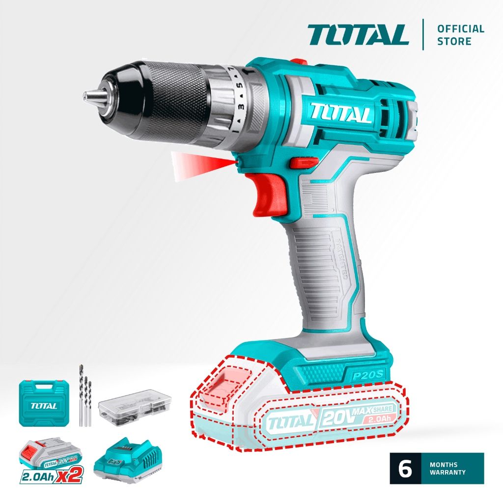 TOTAL LI-ION IMPACT DRILL (45NM/10MM/20V) + BATTERY (2 PCS) + CHARGER + ACCESSORIES & BITS (50 PCS) P20S TIDLI201452