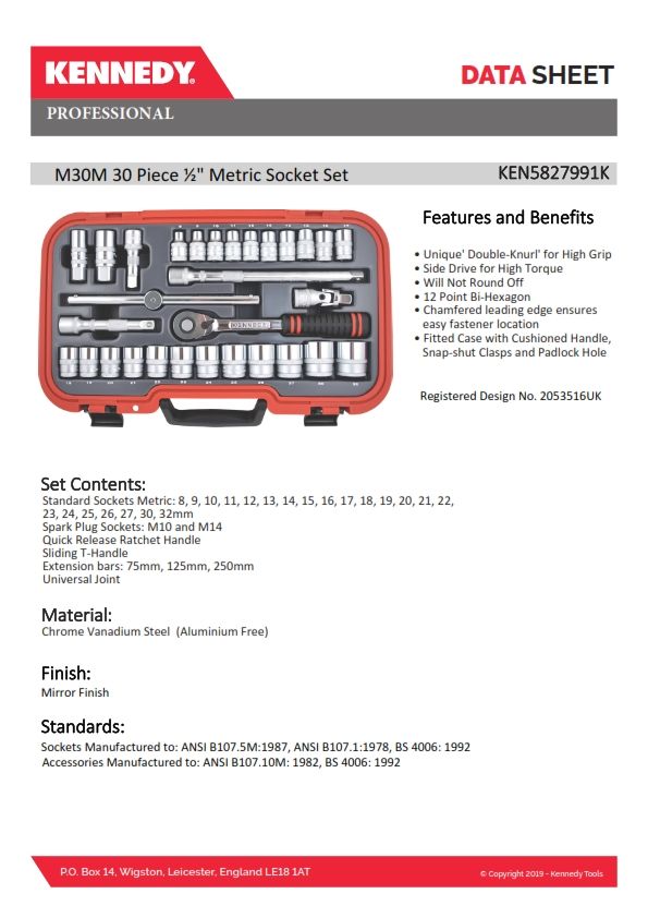 SNAPON *Kennedy-Pro METRIC SOCKET SET 30PC 1/2" SQ KEN5827991K