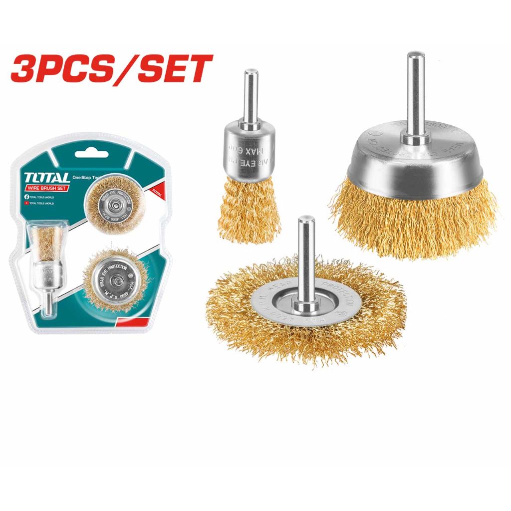 TOTAL WIRE BRUSH SET WITH SHANK WIRE WHEEL (2") + CUP BRUSH (2") + END BRUSH (1") TAC310031