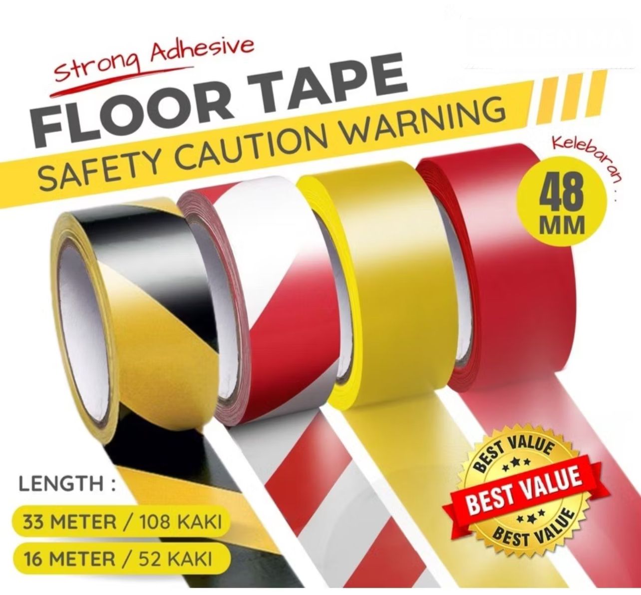 Floor Marking Tape Hazard Warning Tape Social Distancing Outdoor Indoor Adhesive Tape 48MM*33M Yellow Black
