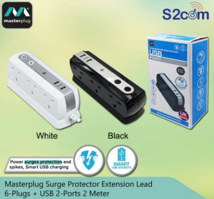 Masterplug Surge Protector Extension Lead 6-Plugs + USB 2-Ports 2 Meter