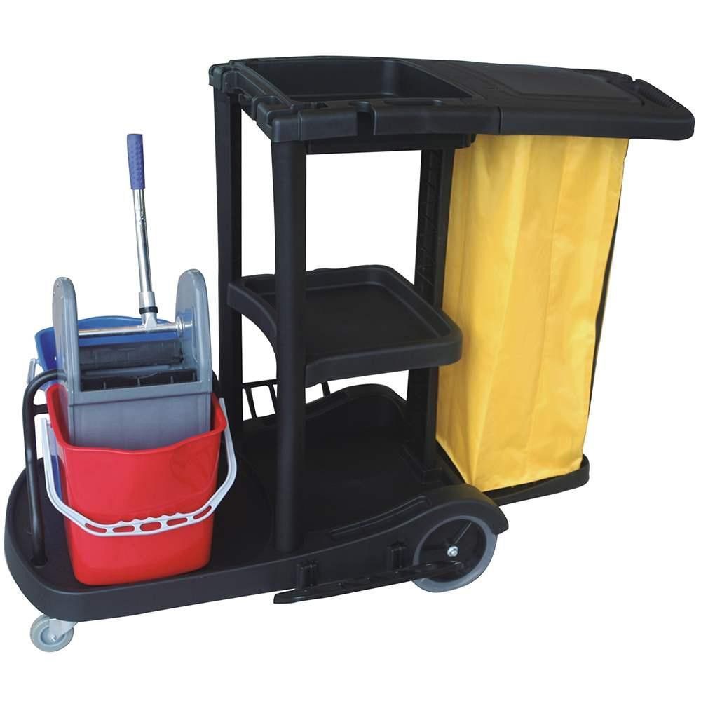 CLS CLASSIC JANITOR CART C/W WRINGER BUCKET, COVER & LINEN BAG (BLACK)