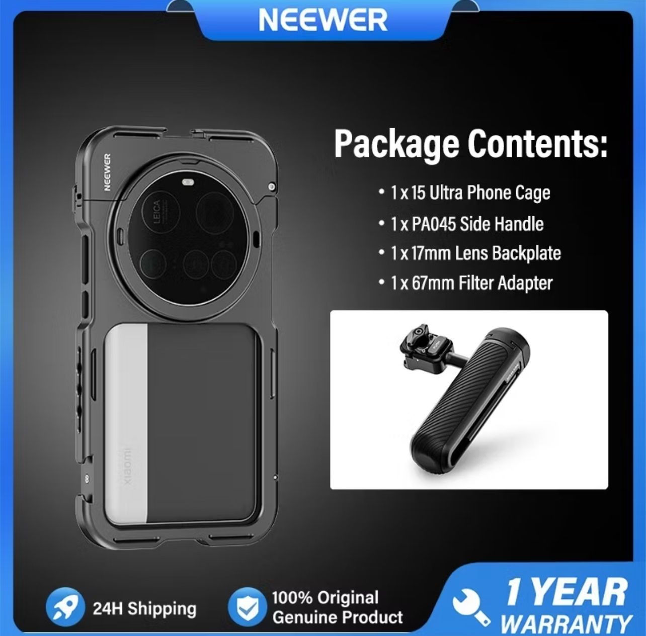 NEEWER PA091 Cage Quick Release Video Rig Case Phone Stabilizer Holder Compatible with Xiaomi 15 Ultra with 67mm Filter Adapter & 17m (With Handle Side)