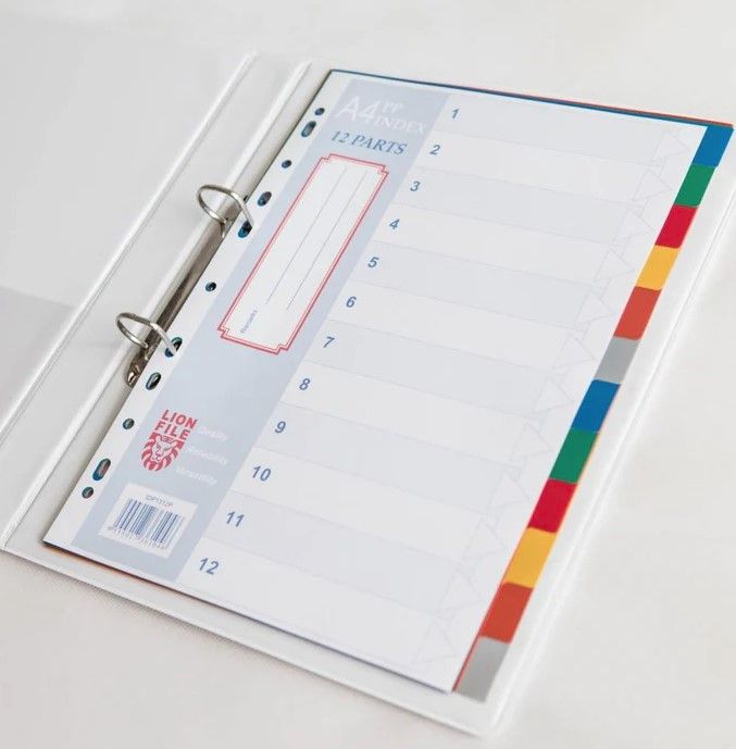 LIONFILE A4 12 COLOURED TAB INDEX DIVIDERS 0.13MM PP