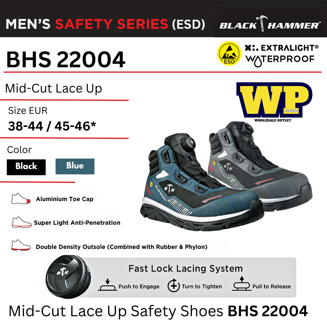 BLACK HAMMER PRO SERIES MID-CUT WITH FASTLOCK SAFETY SHOES - (BHS 22004) / BLACK HAMMER / BLACK SAFE / MID-CUT SLIP ONS / SAFETY SHOES / SAFETY BOOTS / FOOT PROTECT / WATERPROOF / KALIS AIR / KASUT KILANG / KASUT KESELAMATAN / BHS 22004