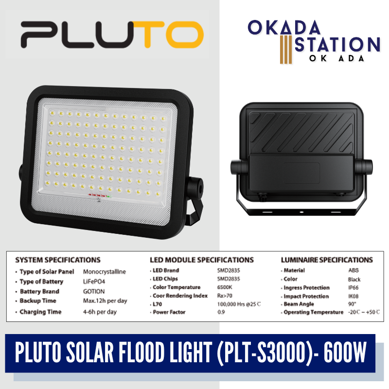 PLUTO SOLAR FLOOD LIGHT (PLT-S3000)- 600W / PLUTO / LED SOLAR LIGHT / FLOOD LIGHT / WORK LIGHT / SAFETY LIGHT / LAMPU SOLAR / CAHAYA BANJIR SOLAR / LAMPU KESELAMATAN / 2000 LUMENS / PLT-S3000