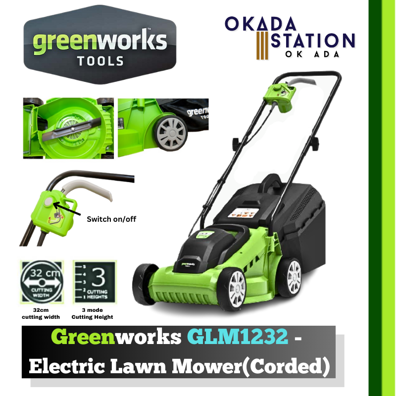 Greenworks GLM1232 - Electric Lawn Mower (Corded) / Corded Lawn Mower / Lawn Mower / Grass Cutting Machine / Grass Trimmer / Corded Power Tool