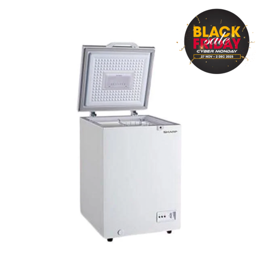 Sharp SJC118 Chest Freezer G110L Led Light R600A Refrigerant Wheels Safety Lock With Key White Inner Wall Dual Cooling & Extra Cool White Color