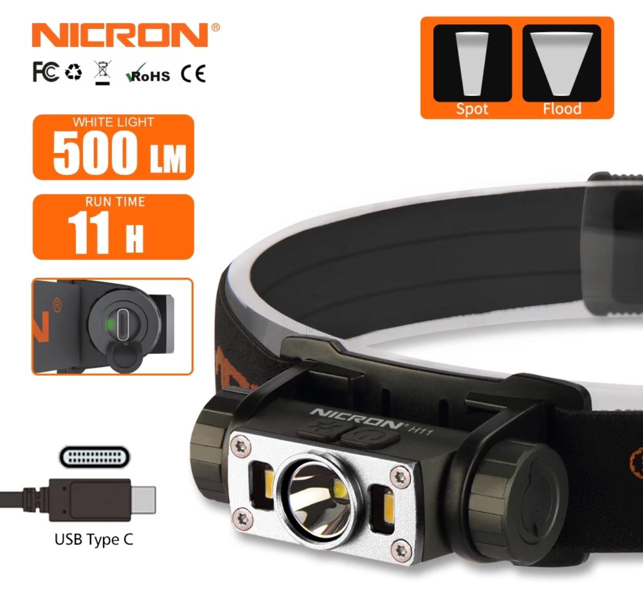 Nicron Mini LED Headlamp H11 USB Rechargeable 500 Lumens LED Flashlight (90m)