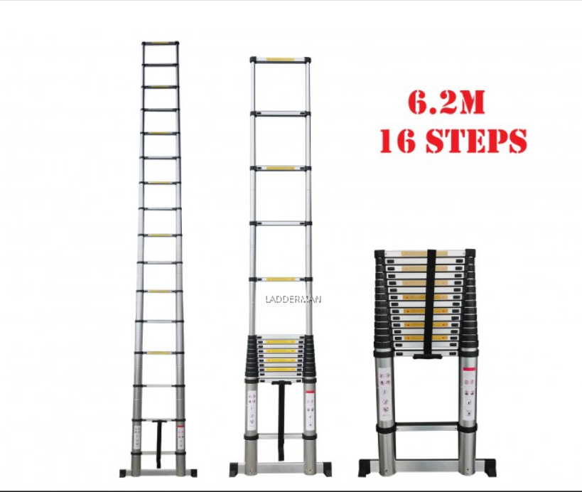 HIGH QUALITY ALUMINIUM TELESCOPIC EXTENDABLE LADDER 6.2M WITH 16 STEPS