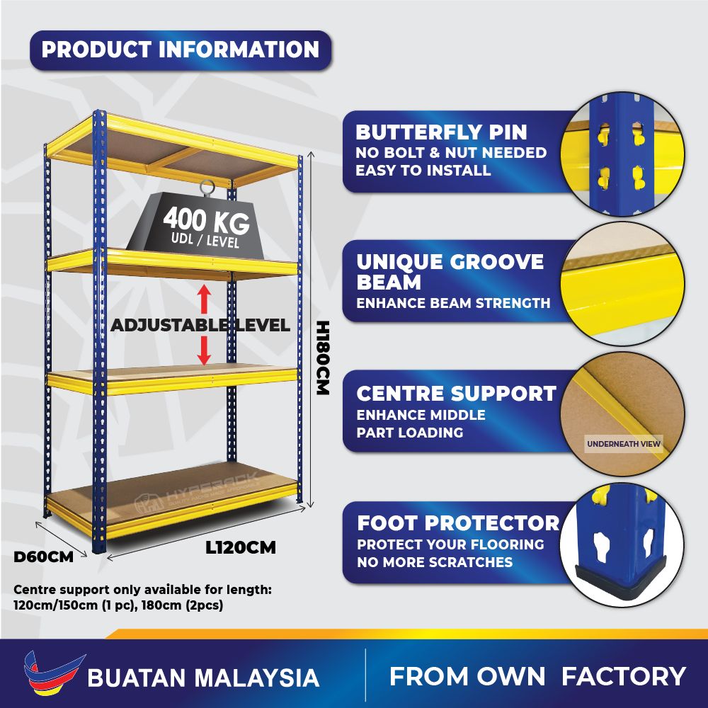 HYPERACK [High Quality] Boltless Rack / Rak Besi 180CM X 4LEVELS - (D30CM X L60CM)