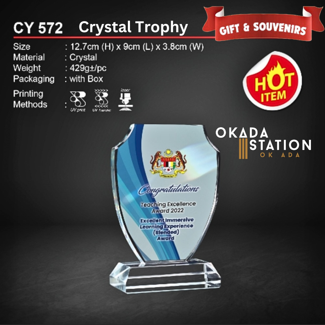 OKADA GIFT & SOUVENIRS : CY 572 CRYSTAL TROPHY WITH PRINTING / CRYSTAL AWARD / AWARD TROPHY / CRYSTAL / TROPHY / AWARD / CY 572 / 429g