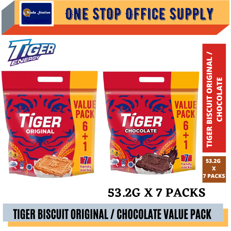 TIGER BISCUIT ORIGINAL / CHOCOLATE VALUE PACK / 53.2G X 7 PACKS / 372.4G / ORIGINAL BISCUIT / CHOCOLATE BISCUIT / BISKUT COKLAT / BISKUT ORIGINAL