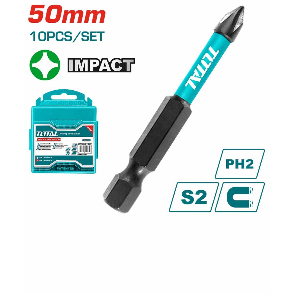 TOTAL IMPACT SCREWDRIVER BITS PH2 S2 INDUSTRIAL STEEL (50MM/10 PCS) TACIM16PH223
