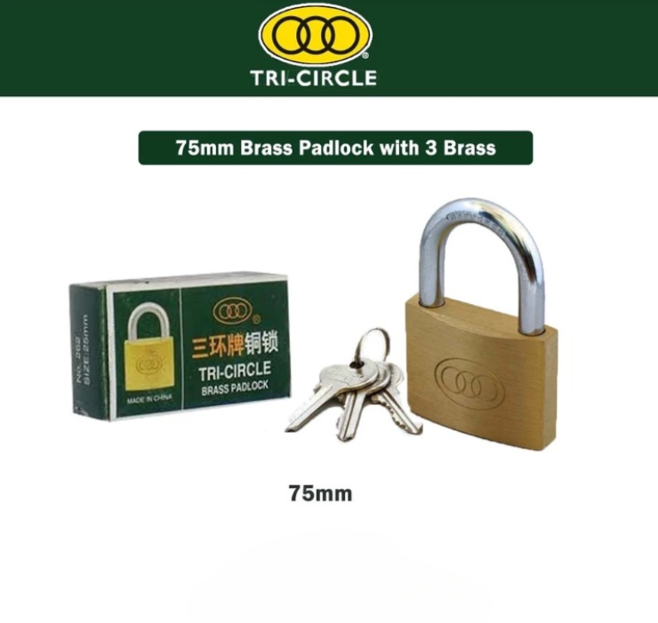 TRI-CIRCLE 267 75MM BRASS PADLOCK WITH 3 BRASS CYLINDER IRON KEYS