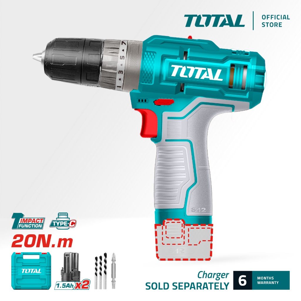TOTAL LI-ION IMPACT DRILL (12V/20NM/10MM) 2 SPEED + 1.5AH BATTERY (2 PCS TYPE-C) + CHARGER + MASONRY BIT S12 TIDLI12202