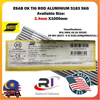 RIGHTWELL ESAB OK WELDING TIG ROD ALUMINIUM 5183 5KG 2.4MM X 1000MM