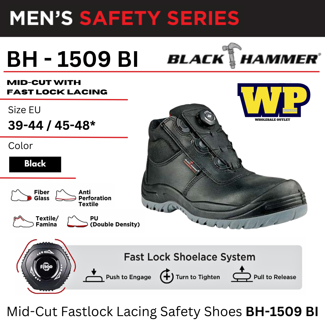 BLACK HAMMER SAFETY SERIES MID-CUT WITH FASTLOCK LACING SAFETY SHOES- (BH-1509 BI) / BLACK HAMMER / BLACK SAFE / MID-CUT WITHFASTLOCK LACING / SAFETY SHOES / SAFETY BOOTS / FOOT PROTECT / KASUT KILANG / KASUT KESELAMATAN / BH-1509 BL