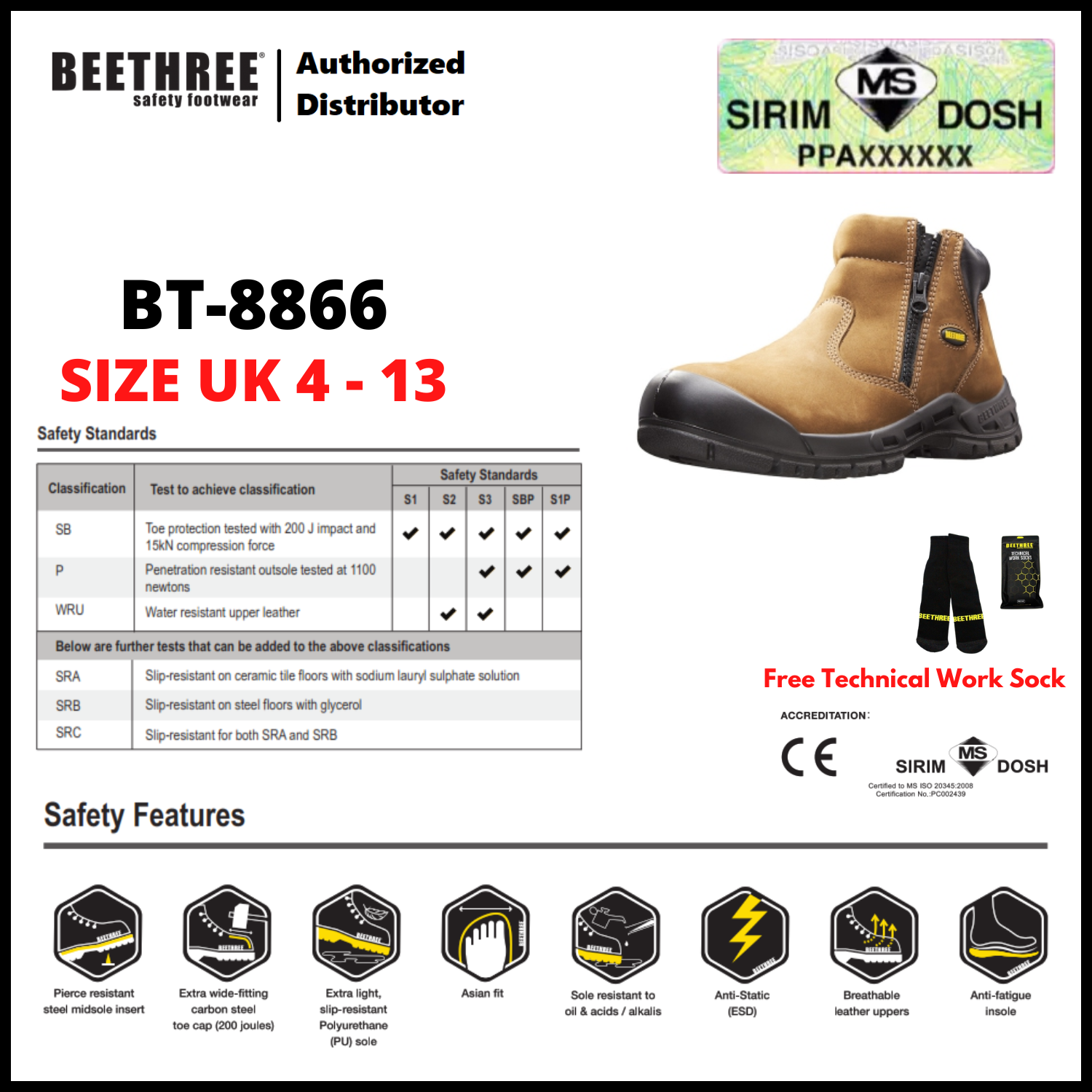 BEETHREE SAFETY FOOTWEAR BT-8866 5.5-inch Zip-Up Ankle Boots