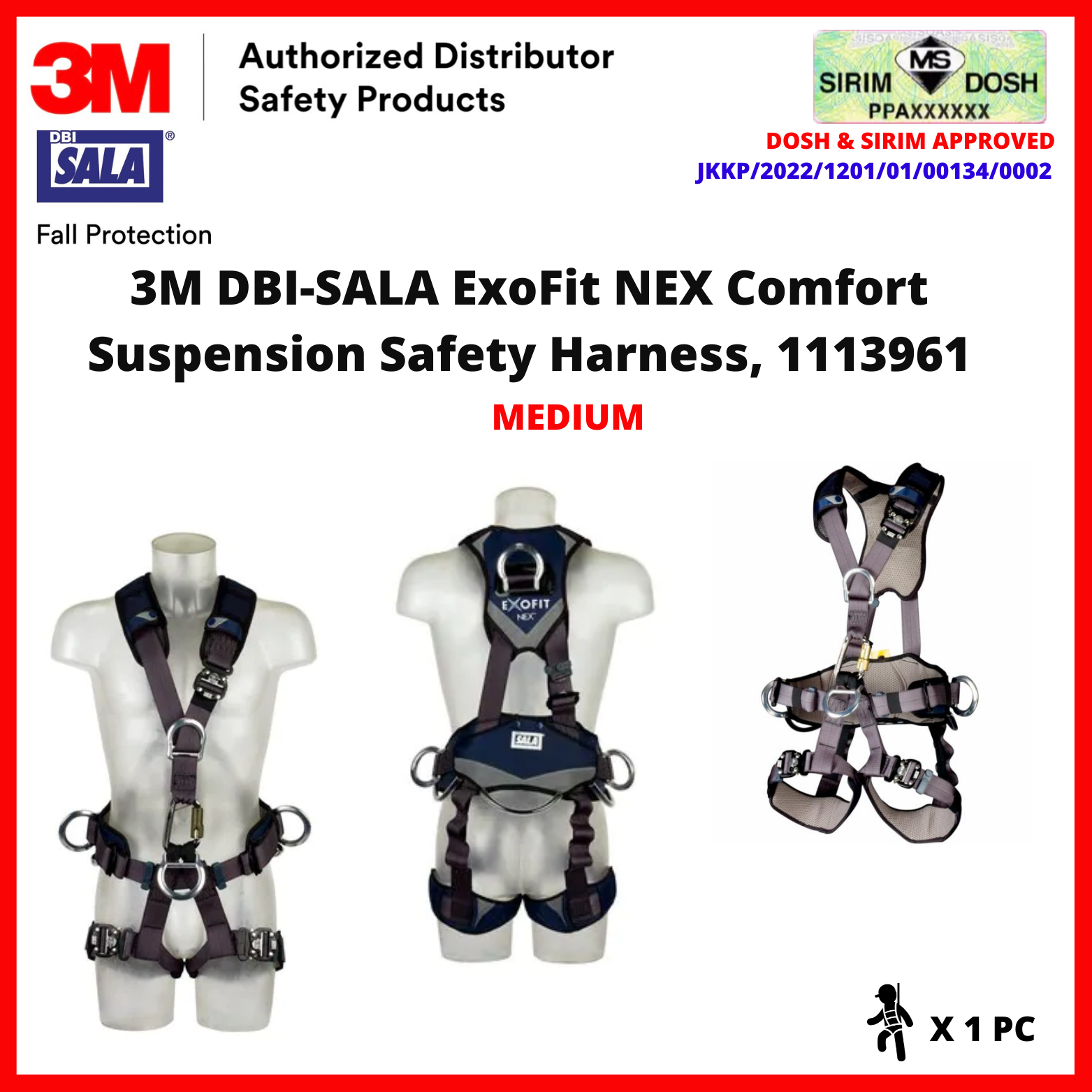 3M 1113961 SIRIM AND DOSH APPROVED. 3M™ DBI-SALA® ExoFit NEX™ Comfort Suspension Safety Harness 1113961, Medium