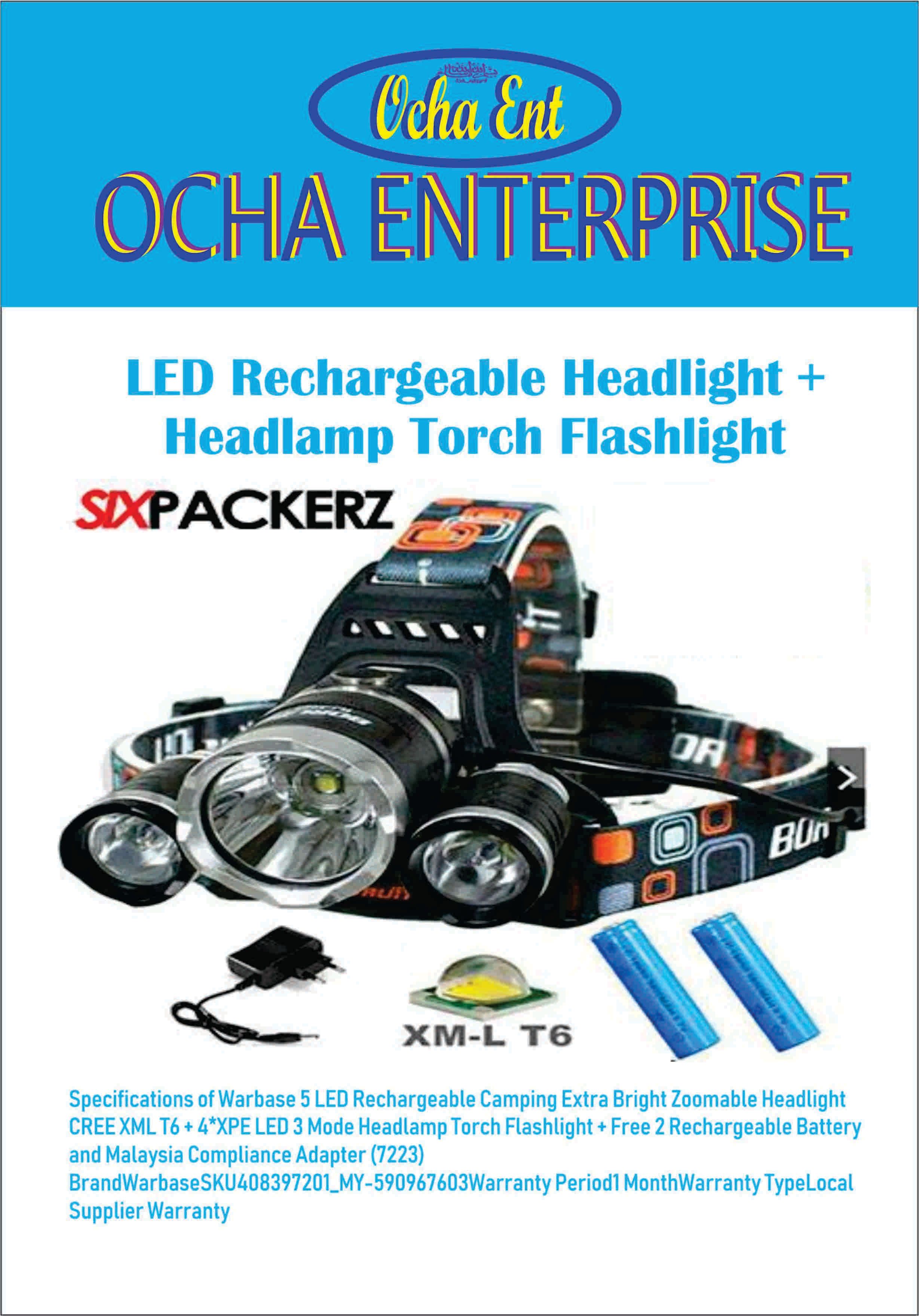 LED Rechargeable Headlight + Headlamp Torch Flashlight + 1 unit 240v-100V charger cord free delivery semenanjung only