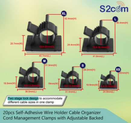 20pcs Self-Adhesive Wire Holder Cable Organizer Cord Management Clamps With Adjustable Backed