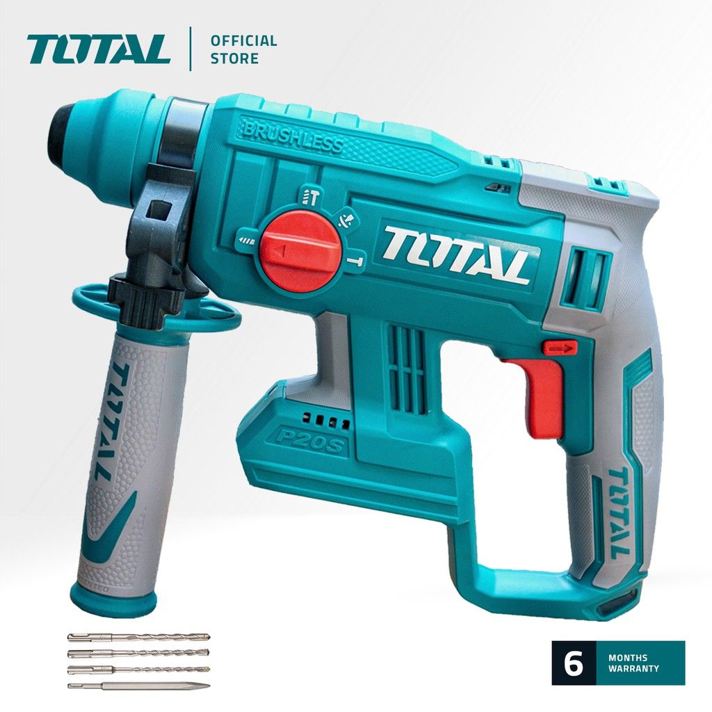 TOTAL TRHLI2201 LI-ION BRUSHLESS ROTARY HAMMER (BRUSHLESS MOTOR. PACKAGE COMES WITH FREE 3 PCS HAMMER DRILL BITS: 6MM 8MM 10MM FREE 1 PC CHISEL BIT)