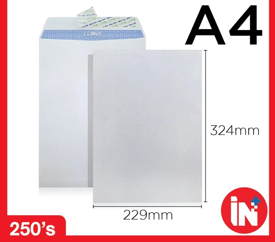 WINPAQ A4 Envelope 250's/box White Opaque Peel & Seal Pocket Envelope 229mm x 324mm fit A4 size paper