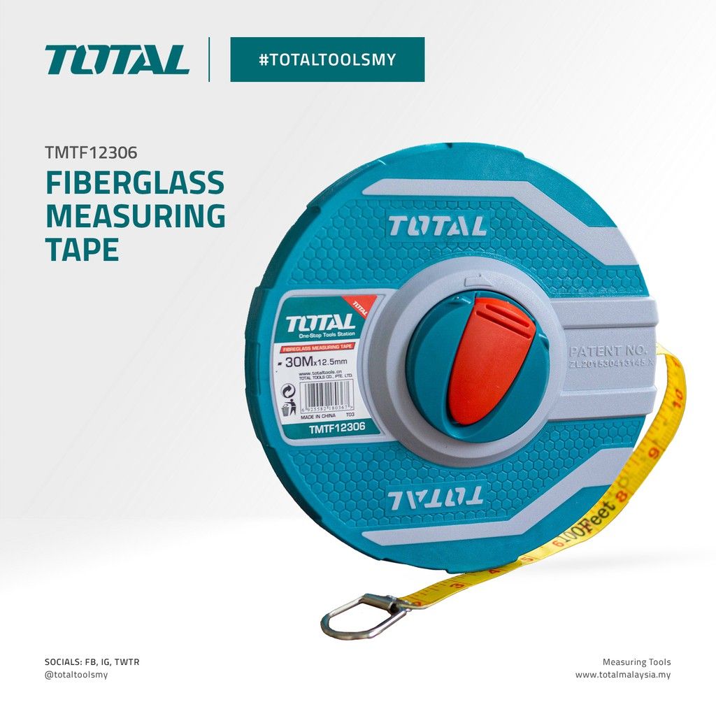 TOTAL FIBERGLASS MEASURING TAPE (30M * 12.5MM) FAST AND EFFICIENT REWIND WITH 3:1 GEAR RATIO - TMTF12306