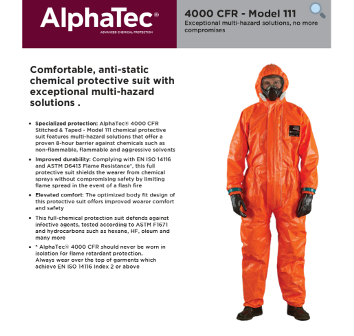 ANSELL – ALPHATEC 4000 CFR PROCTECTIVE CLOTHING AGAINST LIQUID CHEMICALS