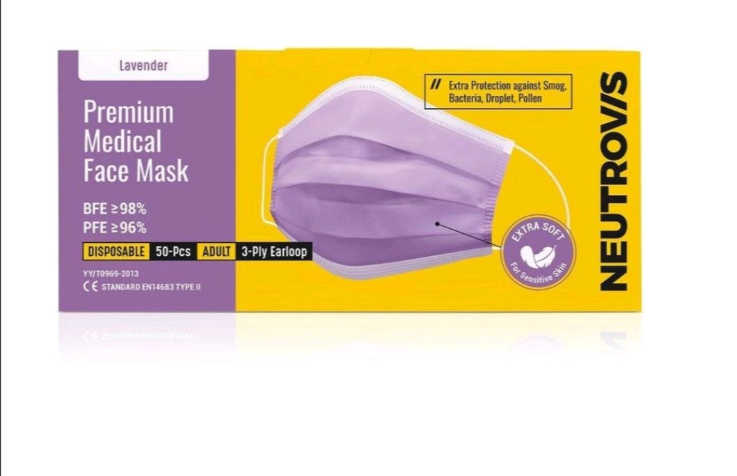 NEUTROVIS ADULT PREMIUM 3 PLY MEDICAL FACE MASK 50'S - ( COTTON WHITE/LAVENDER/SWEETPINK/ BABYYELLOW & SUNSET ORANGE)