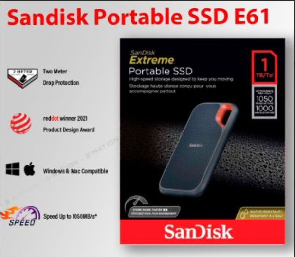 SANDISK E61 1TB EXTREME PORTABLE SOLID STATE DRIVE(UP TO 1050MB/S)