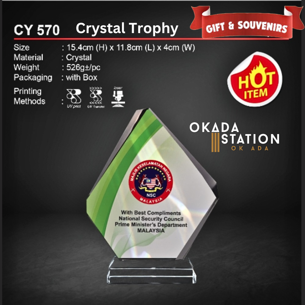 OKADA GIFT & SOUVENIRS : CY 570/1/2 CRYSTAL TROPHY WITH PRINTING / CRYSTAL AWARD / AWARD TROPHY / CRYSTAL / TROPHY / AWARD / CY 570 / CY 571 / CY 572 / 526g / 465g / 429g