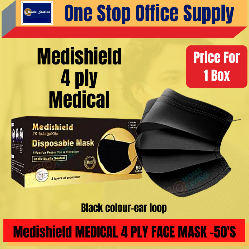 MEDISHIELD MEDICAL 4 PLY FACE MASK -50'S / BLACK / BLUE / GREEN / FACE MASK / 4 PLY / 4 PLY FACE MASK